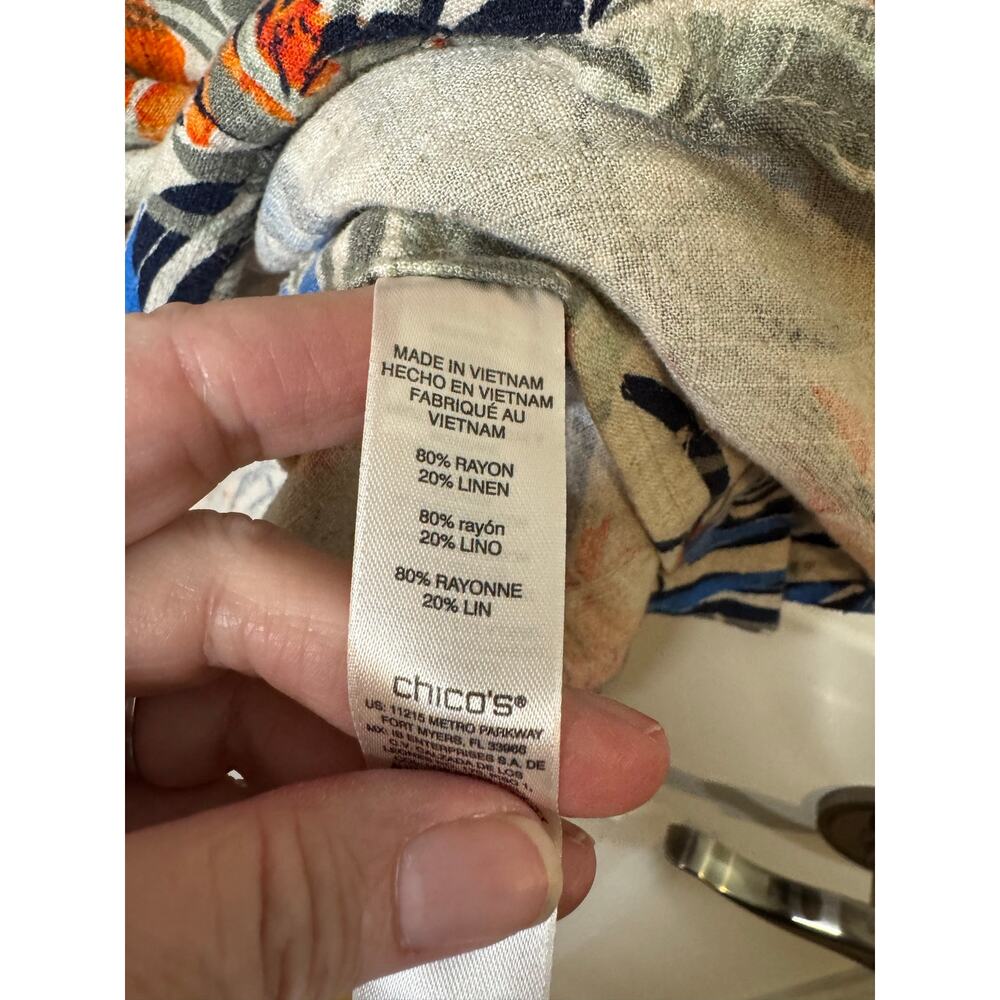 Chico's Fiesta Palms Linen Blend Popover Top Orange Blue Green Tropical 2 (L 12) - Picture 5 of 8